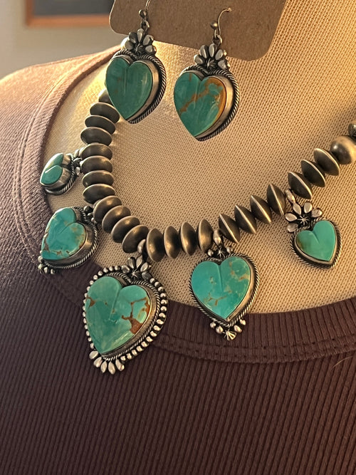 Navajo Sterling Silver and Kingman Turquoise Heart Charm Necklace and Earrings Set by Murphy Platero & Rose Martin