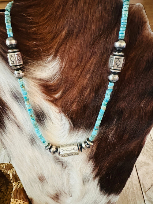 Navajo Turquoise & Hand Stamped Sterling Silver Pearl Beaded Necklace