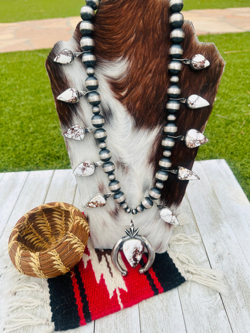 Handcrafted Wild Horse & Sterling Silver Beaded Squash Blossom Necklace by Chimney Butte