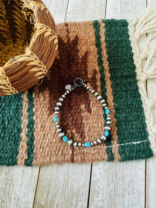 Navajo Sterling Silver Pearl & Turquoise Beaded Bracelet
