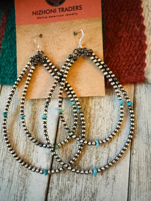 Handcrafted Turquoise & Sterling Silver Beaded Dangle Hoop Earrings