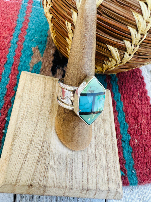 Old Pawn Navajo Sterling Silver, Turquoise & Onyx Inlay Ring Size 6.5