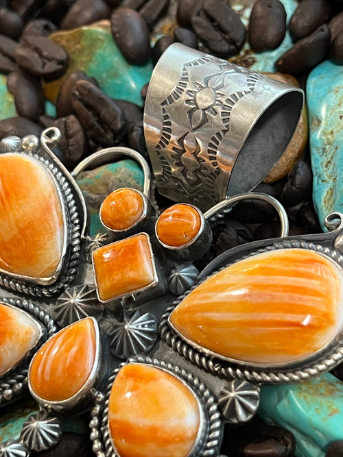 Apache Sterling Silver and Orange Spiny Oyster Shell Butterfly Pendant by Rosella Paxson