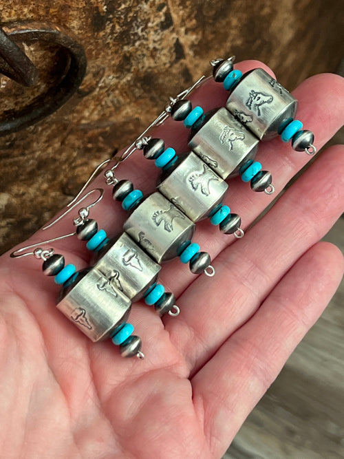 Sterling Silver and Turquoise Handcrafted Barrel Bead Earrings by Preston Haley