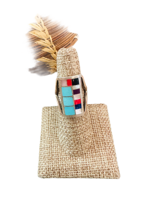 Old Pawn Navajo Sterling Silver & Multi Stone Inlay Ring Size 6