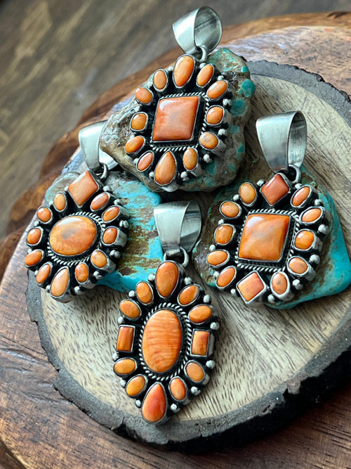 Handcrafted Sterling Silver and Burnt Spiny Oyster Shell Cluster Pendants by Loretta Delgarito