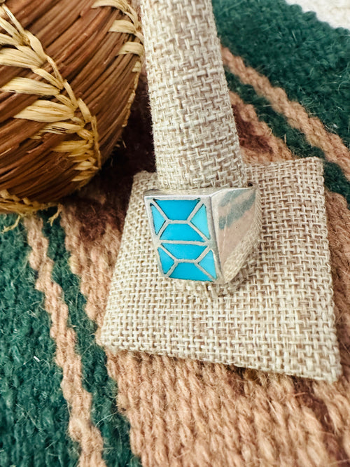 Old Pawn Handcrafted Turquoise & Sterling Silver Inlay Ring Size 12.75