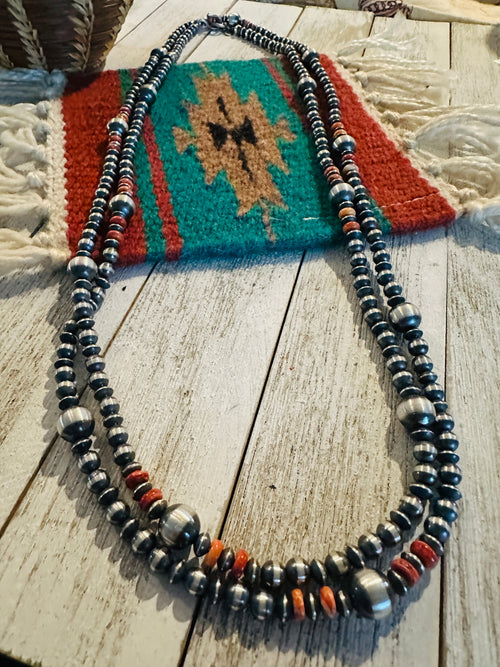Handcrafted Orange Spiny & Sterling Silver Beaded Necklace 60”