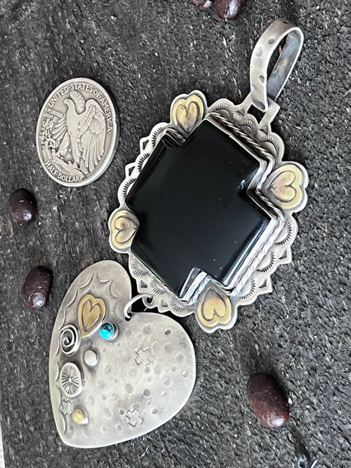 Hand Stamped Sterling Silver & Black Marble Santa Fe Cross and Heart Pendant by Kimari Somers