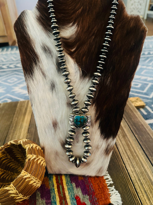 Handcrafted Turquoise & Sterling Silver Beaded Double Sided Jacla Necklace