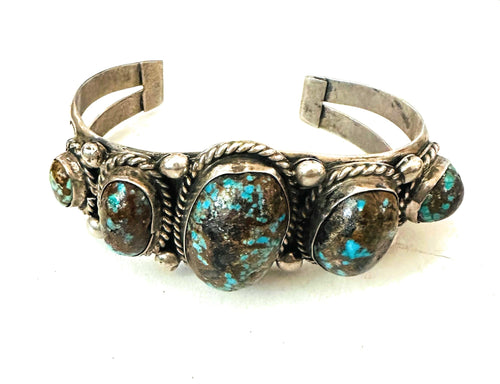 Navajo Old Pawn Morenci Turquoise & Sterling Silver Cuff Bracelet /