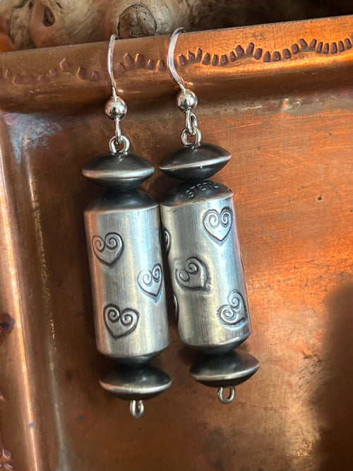 Sterling Silver Handcrafted Heart Stamped Barrel Bead Drop Dangle Earrings by Preston Haley
