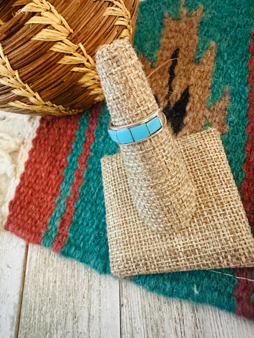 Old Pawn Navajo Sterling Silver & Turquoise Inlay Band Ring