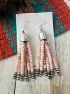 Navajo Queen Pink Conch & Sterling Silver Pearl Beaded Tassel Dangle Earrings