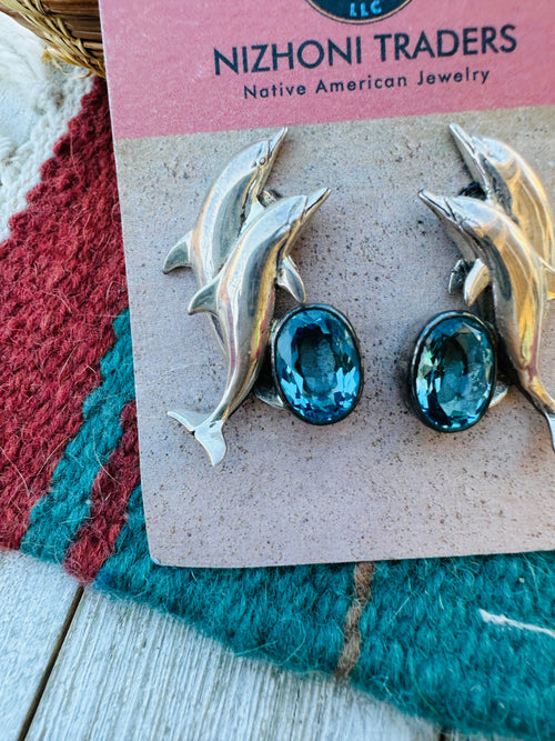 Handcrafted Old Pawn Sterling Silver and Topaz Dolphin Post Earrings