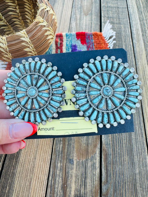 Handcrafted Old Pawn Sterling Silver & Turquoise Cluster Post Earrings