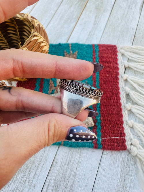 Old Pawn Handcrafted Multi Stone & Sterling Silver Inlay Ring Size 9.5