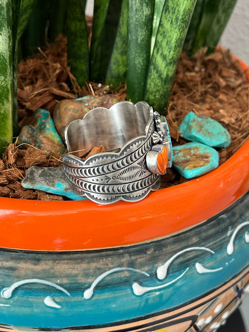 Handcrafted Sterling Silver, Kingman Turquoise and Spiny Oyster Santa Fe Cross Cuff Bracelet by Murphy Platero