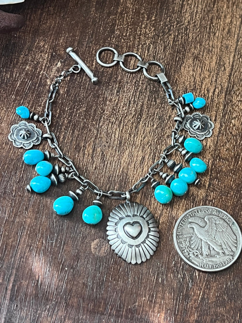 Raymond Coriz Handcrafted Sterling Silver Concho & Sonoran Turquoise Beaded Charm Bracelet