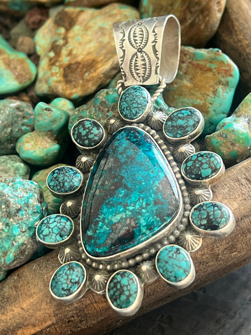 Apache Made Sterling Silver, Hubei Turquoise & Chrysocolla Azurite Cluster Pendant by Rosella Paxson