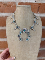 Handmade Sterling Silver & Turquoise Flower Squash Blossom Necklace