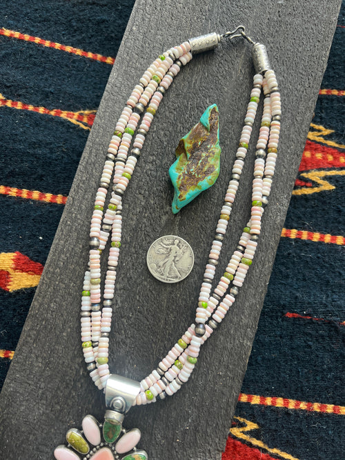 Handcrafted Sonoran Gold Turquoise, Sterling Silver and Pink Conch Cluster Pendant w/ Beaded Multistrand Necklace by Patrick Yazzie