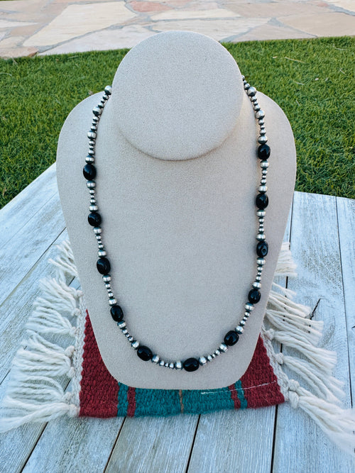 Sterling Silver Pearl & Onyx Beaded 20” Necklace