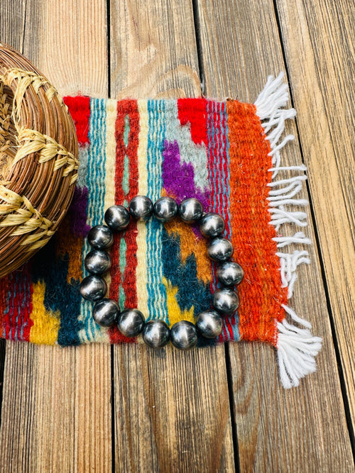 Handcrafted 12mm Sterling Silver Beaded Stretch Bracelet