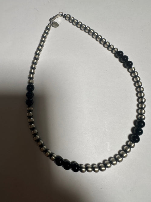 Navajo Pearl Sterling Silver & Black Onyx Beaded Necklace