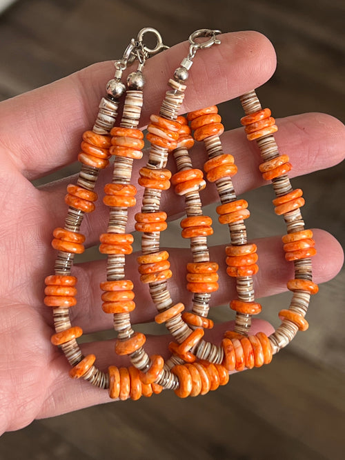 Navajo Orange Spiny, Heishi & Sterling Silver Beaded Bracelet