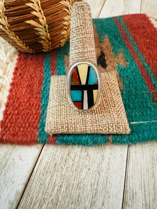 Old Pawn Handcrafted Multi Stone & Sterling Silver Inlay Ring Size 12