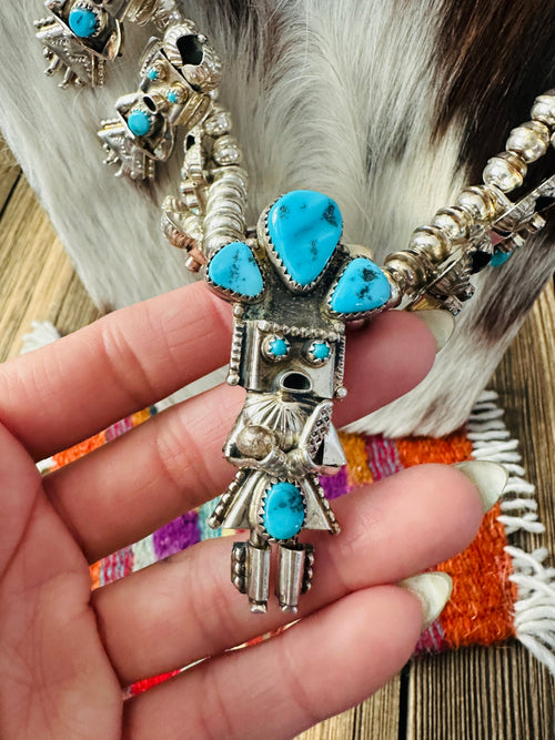 Old Pawn Handcrafted Turquoise & Sterling Silver Beaded Kachina Necklace by Doris Smallcanyon
