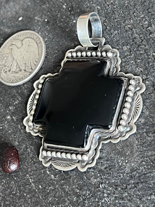 Hand Stamped Sterling Silver & Black Marble Santa Fe Cross Pendant by Kimari Somers