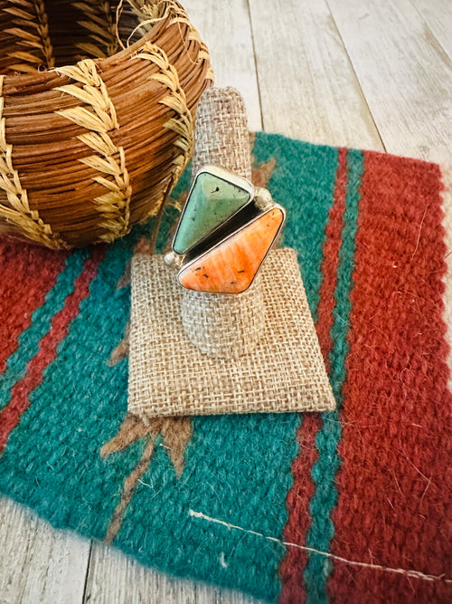 Old Pawn Navajo Sterling Silver, Turquoise & Spiny Adjustable Ring