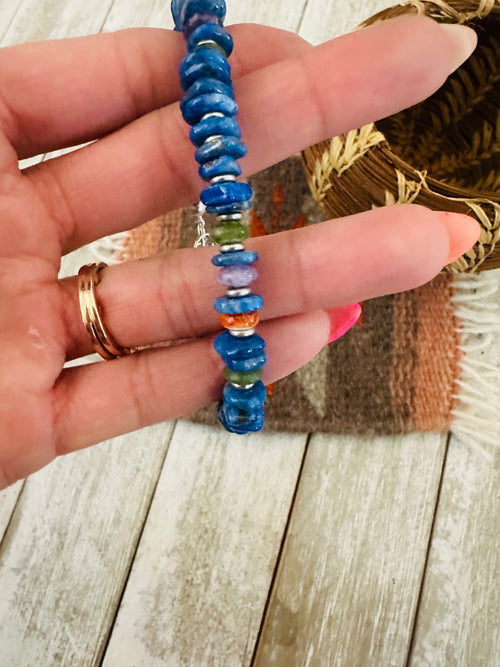 Navajo Sterling Silver Pearl, Lapis, Spiny & Turquoise Beaded Bracelet