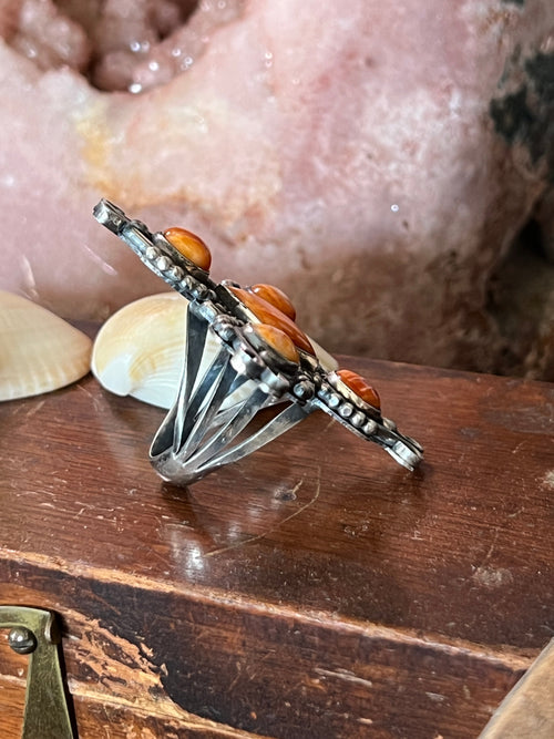 Apache Sterling Silver and Orange Spiny Oyster Shell 4 Direction Ring by Rosella Paxson, Size 10