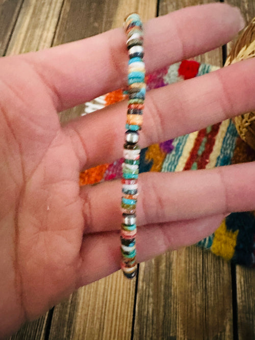 Handcrafted Turquoise, Spiny & Sterling Silver Pearl Beaded Bracelet 7.5”