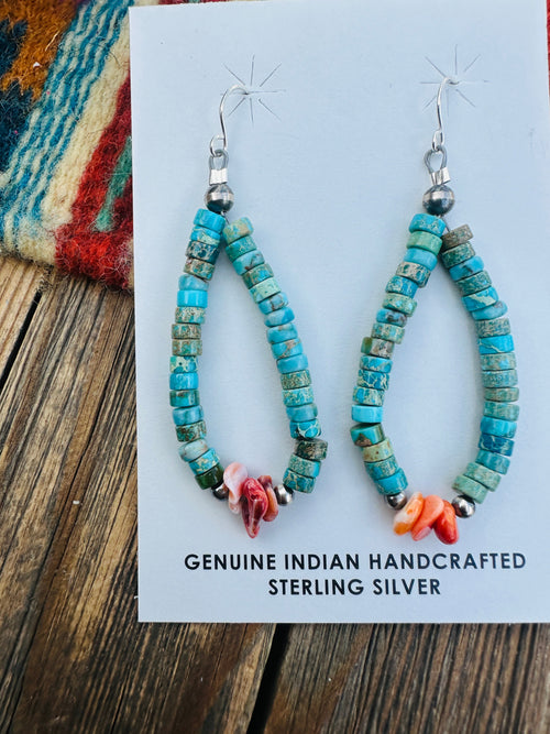 Handcrafted Turquoise, Orange Spiny & Sterling Silver Beaded Dangle Hoop Earrings