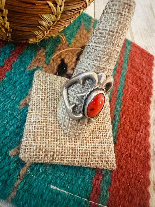 Old Pawn Navajo Sterling Silver & Coral Ring Size 10.5