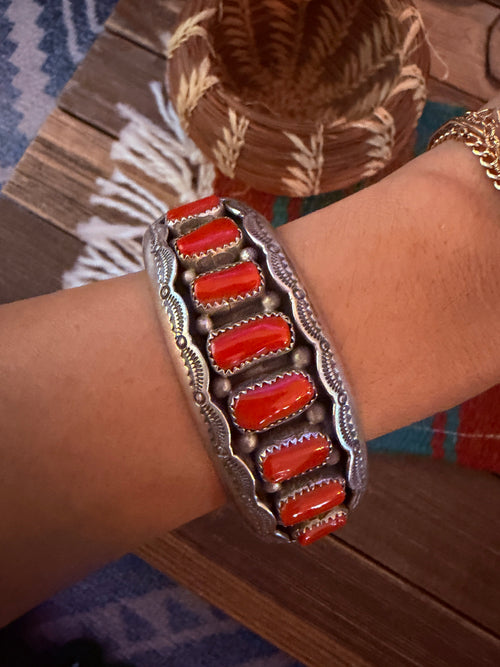 Handcrafted Old Pawn Sterling Silver & Coral Shadowbox Cuff Bracelet, Signed W.M.