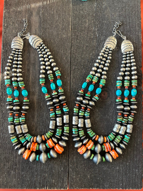 Navajo Handmade Triple Strand Sterling Silver, Spiny Oyster and Sonoran Mountain Bead Necklace by Rose Martin