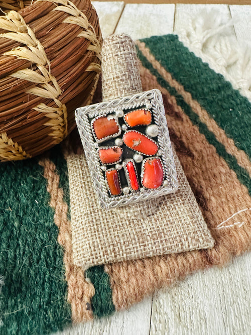 Handcrafted Old Pawn Coral and Sterling Silver Ring Size 11