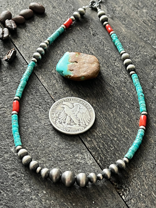 Handcrafted Summer Lovin’ Beaded Layering Necklace with Sterling Silver, Turquoise and Mediterranean Coral, 14” + 2”, The Beach Cruiser
