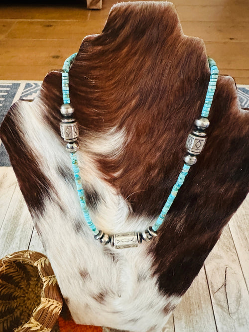 Navajo Turquoise & Hand Stamped Sterling Silver Pearl Beaded Necklace