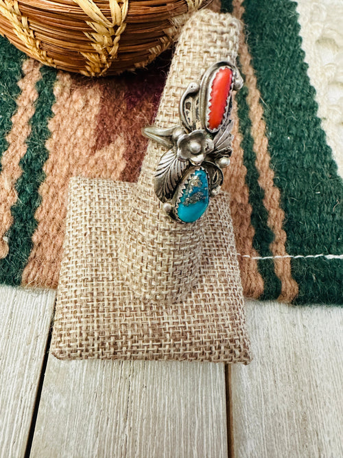 Old Pawn Handcrafted Turquoise, Coral & Sterling Silver Ring Size 6.5