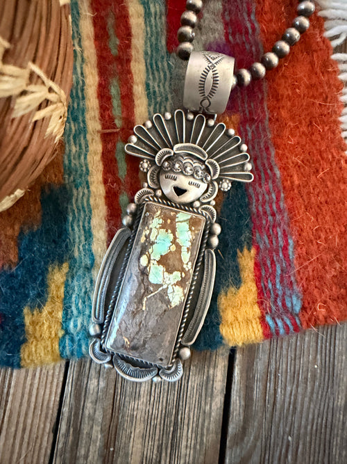 Handcrafted Sterling Silver and Number 8 Turquoise Kachina Pendant by Ronald Tom
