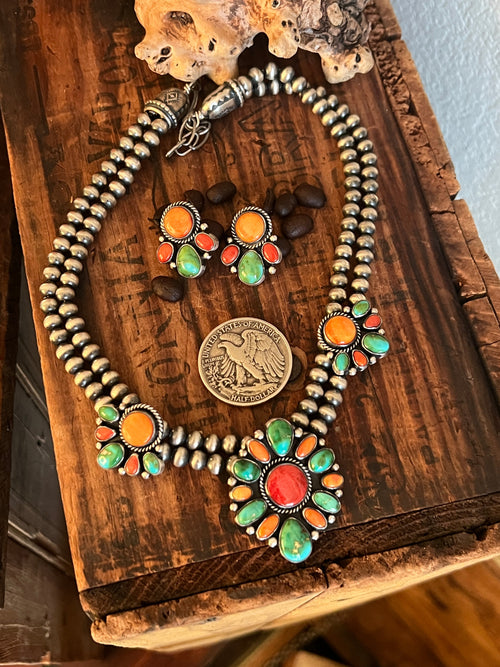 Navajo Made Sterling Silver Electric Rainbow Beaded Cluster Necklace & Earrings Set by Angela Martin