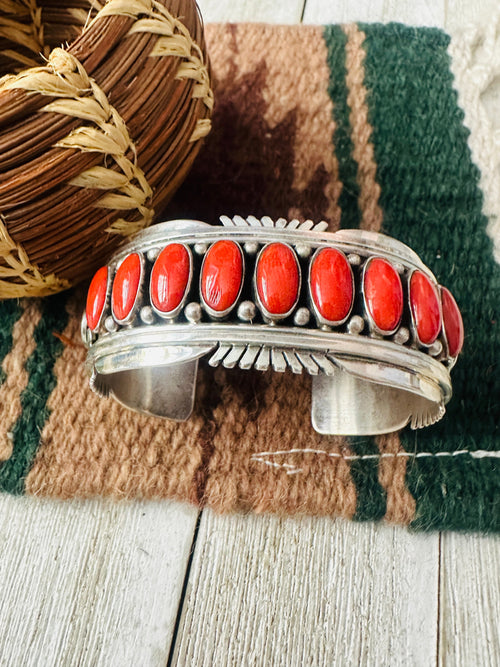 Old Pawn Navajo Coral & Sterling Silver Cuff Bracelet by Daniel Mike