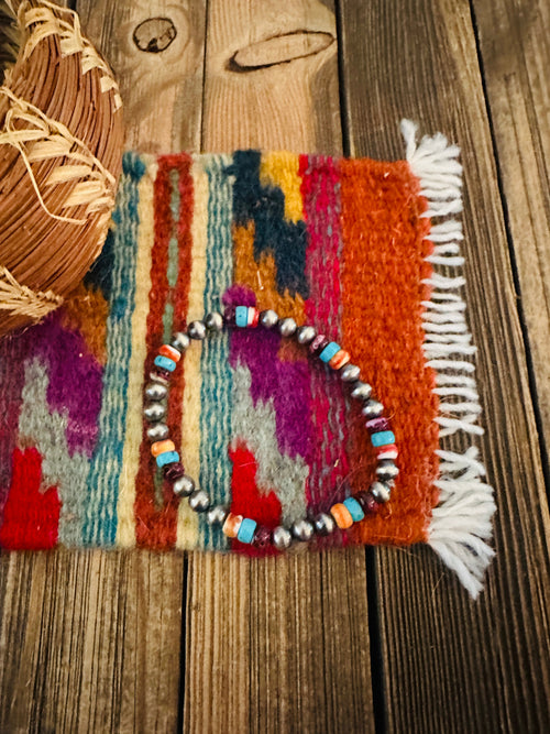 Handcrafed Turquoise, Spiny & Sterling Silver Pearl Beaded Stretch Bracelet