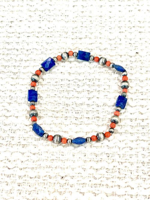 ** 4TH OF JULY ** Handmade Sterling Silver , Coral & Lapis Beaded Bracelet with Signed Nizhoni